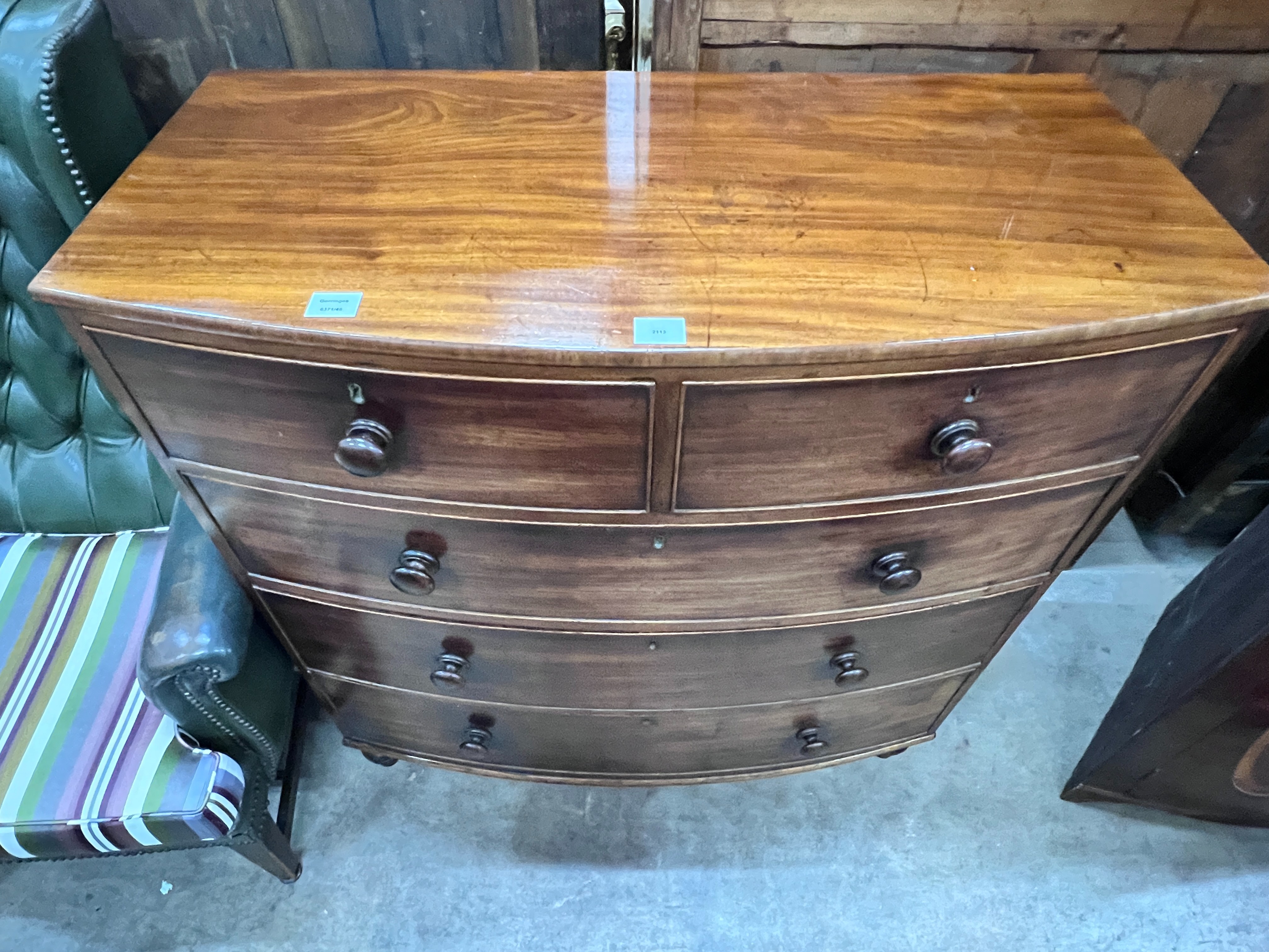 An early Victorian mahogany bow front chest of two short and three long drawers, width 107cm, depth 52cm, height 113cm